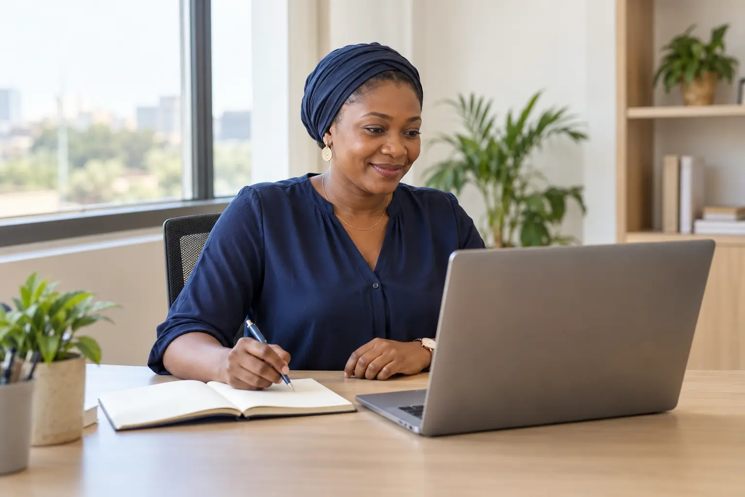 Une participante suit le webinaire sur son ordinateur
